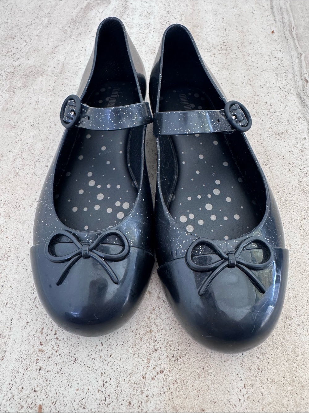 Mini Melissa  Black Sparkle Mary Jane Ballet Flats with Bow. NEW size 12